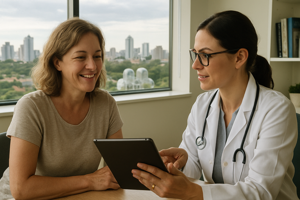 Middle-aged woman talking with a female doctor holding a tablet in a well-lit modern office with Curitiba skyline in the background.