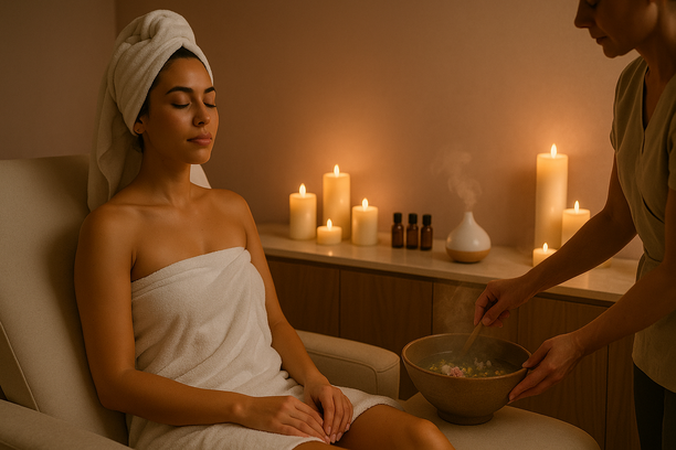 A woman wrapped in a white towel relaxes with eyes closed in a softly lit spa room with candles and a herbal steam bowl nearby.