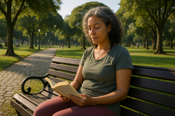 Brazilian woman in her 40s reading a book on a park bench in Curitiba on a sunny morning, surrounded by greenery and distant park-goers.