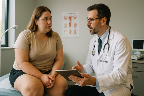 Female patient with lipedema consults a male doctor holding a tablet in a modern gynecology clinic.