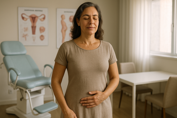 Middle-aged woman standing in a modern gynecology clinic with her hand on her lower abdomen, expressing calm and confidence.