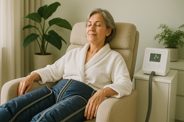Mulher de meia-idade usando roupa de pressoterapia com câmaras de compressão nas pernas, relaxando em poltrona em clínica moderna e acolhedora com plantas ao fundo