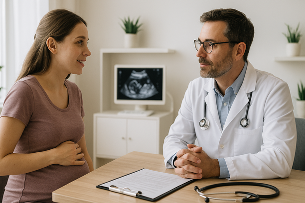 Gestante jovem conversa com médico obstetra em consultório moderno com ultrassom ao fundo e prancheta sobre a mesa