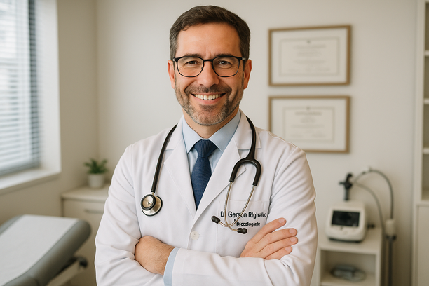 Médico ginecologista sorridente de jaleco branco e estetoscópio, em consultório moderno com diplomas na parede.