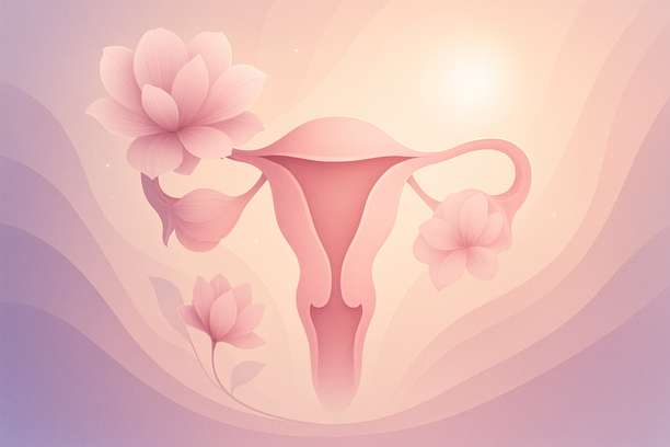 Ilustração simbólica do útero com flores em tons rosados, representando ginecologia regenerativa, saúde íntima feminina e bem-estar em Curitiba.