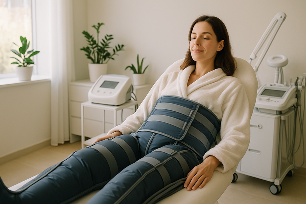 Mulher deitada em maca de estética usando traje de pressoterapia nas pernas e abdômen em ambiente clínico claro e moderno, com expressão serena e decoração minimalista ao redor