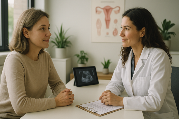Mulher adulta conversa calmamente com ginecologista em consultório moderno, com tablet exibindo exames e pôster anatômico na parede ao fundo.