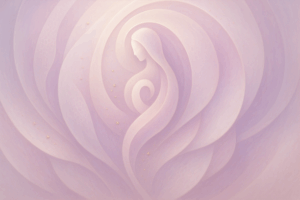 Composição abstrata com formas orgânicas em tons de rosa, lavanda e dourado, remetendo ao cuidado feminino e renovação celular em espiral luminosa