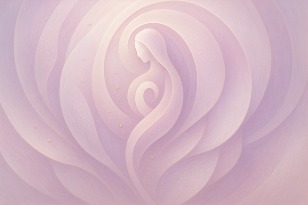 Composição abstrata com formas orgânicas em tons de rosa, lavanda e dourado, remetendo ao cuidado feminino e renovação celular em espiral luminosa