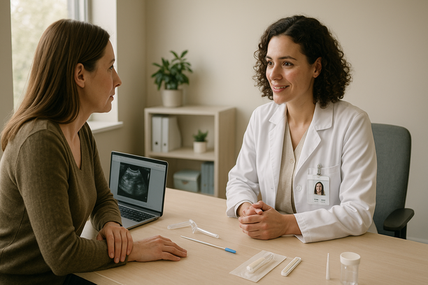 Mulher adulta conversa com médica ginecologista em consultório moderno e iluminado, com laptop aberto exibindo exames e materiais médicos discretamente organizados sobre a mesa.
