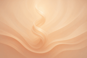 Composição abstrata com formas orgânicas suaves em tons pastel quentes e partículas douradas flutuantes, evocando transformação e bem-estar.