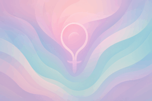 Composição abstrata com formas fluidas e camadas orgânicas em tons suaves de rosa, lilás, verde e azul, simbolizando saúde feminina, equilíbrio e cuidado contínuo