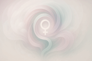 Composição abstrata com formas espirais orgânicas e partículas cintilantes em tons suaves que simbolizam equilíbrio e bem-estar na saúde feminina