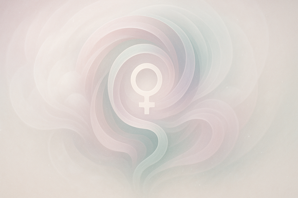 Composição abstrata com formas espirais orgânicas e partículas cintilantes em tons suaves que simbolizam equilíbrio e bem-estar na saúde feminina