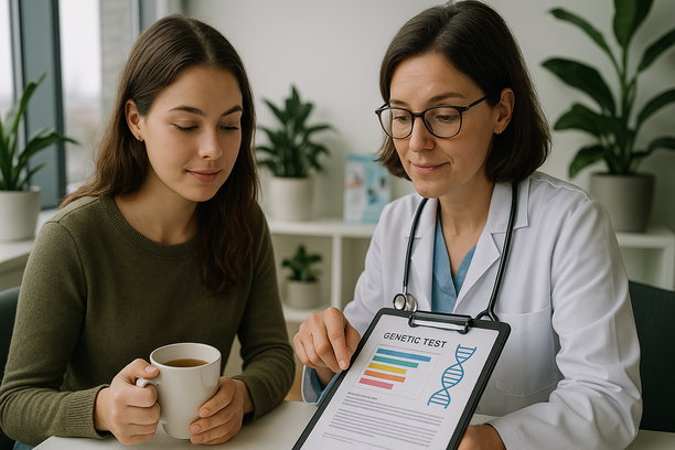 Mulher jovem segura uma xícara de chá enquanto médica aponta para gráfico colorido em prancheta digital durante consulta em consultório moderno com plantas ao fundo